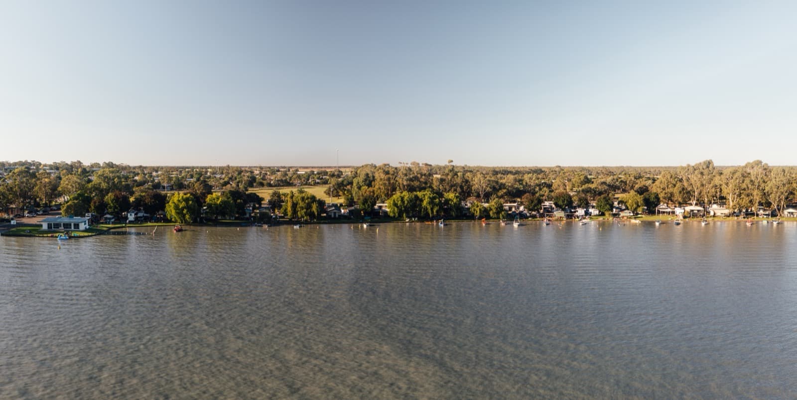 Panoramic view of Boort Lakes Holiday Park from the lake